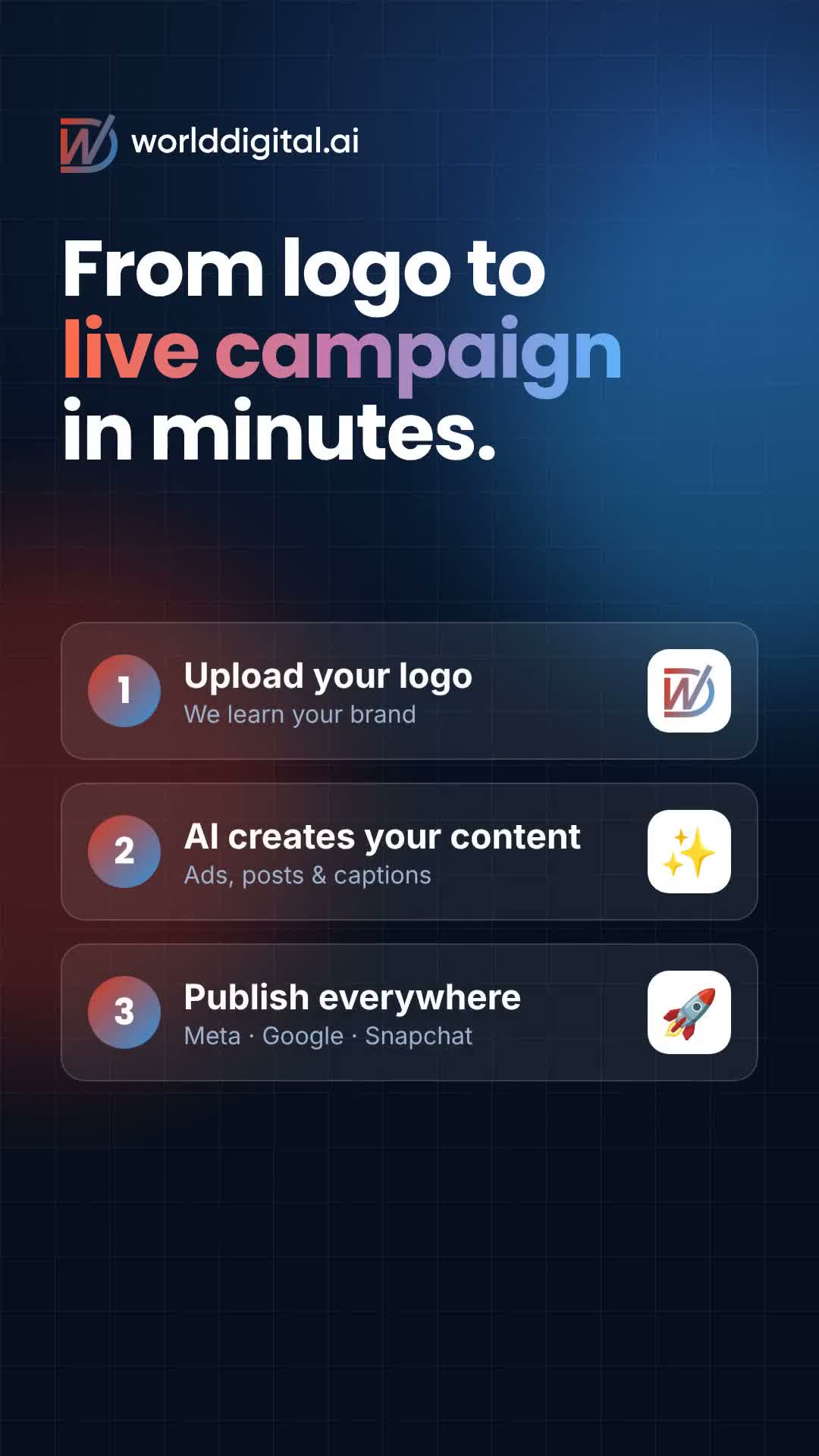 YouTube post: Upload your logo, content gets created, publish everywhere. From logo to live ca