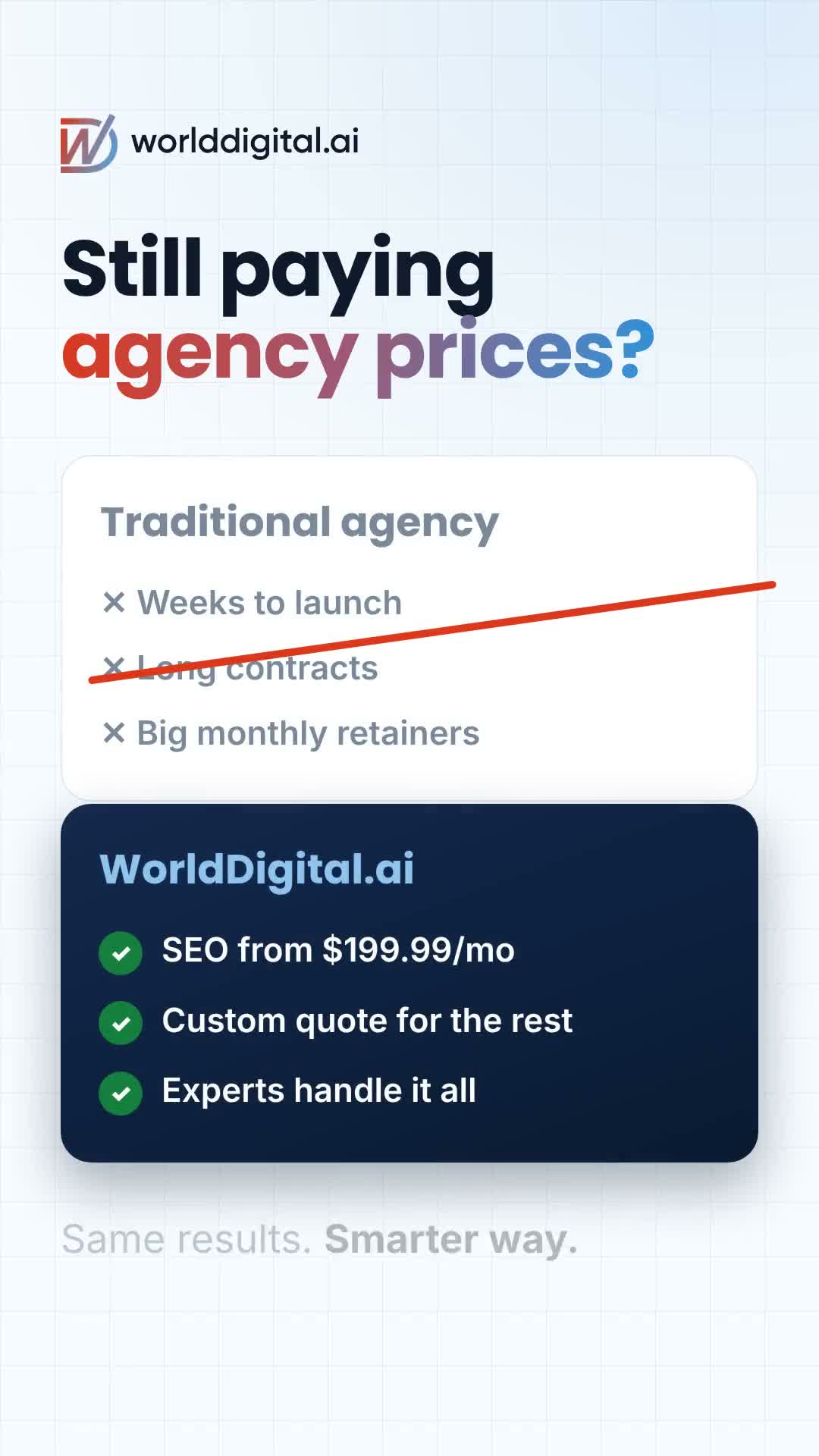 YouTube post: Still paying agency prices? SEO from $199.99/month. For ads and websites, get a 